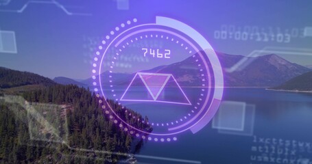 Fototapeta premium Floating translucent purple circular HUD overlay displaying dotted ring prism 7462 over alpine lake