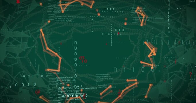 Displaying central dark void pulsing within orange node chains in data interface, streaming bits
