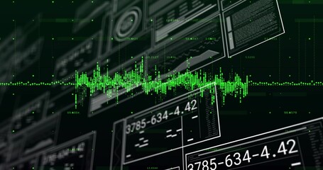 Displaying neon-green waveform across virtual HUD center, showing numeric readouts dotted gridlines
