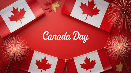 Canada Day celebration with Canadian flags and fireworks on a red background