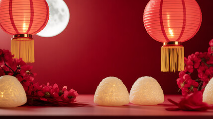 Traditional mooncakes displayed with red lanterns and plum blossoms against a red background during a festive celebration