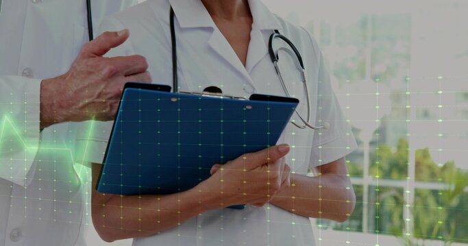 Reviewing chart in clinic staff with stethoscope and coat pointing at blue clipboard, ECG overlay