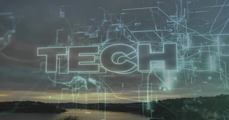 Projecting translucent neon-outline TECH wordmark with holographic circuits across river at dusk