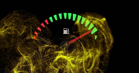 Displaying segmented fuel gauge, red needle pointing to F on black field, pump icon, gold dust