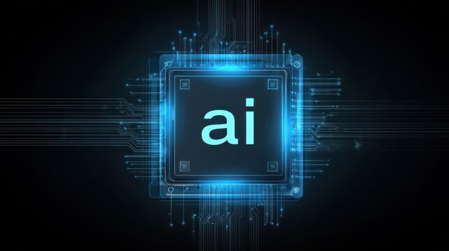 Glowing blue ai text on a futuristic digital circuit board background