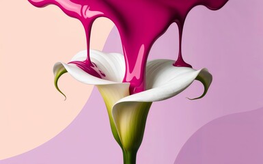 Elegant calla lily being drenched in vibrant pink fluid against soft background.