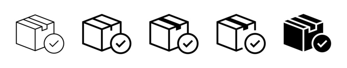 shipping box with a checkmark or delivery box icons with check marks in different outline and solid styles, indicating a received or delivered package. Perfect for shipping, logistics, order tracking, © icons gate