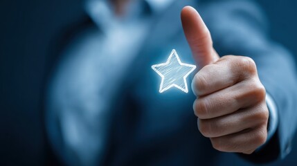 Businessman gives thumbs up with glowing star icon overlay.