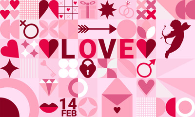 Valentine&rsquo;s Day Background &ndash; Romantic Icons Grid with Hearts, Cupid, Keys and Love Typography in Pink and Red Palette