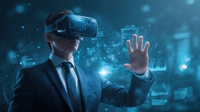 Businessman interacts with virtual reality data using a headset and hand gestures.