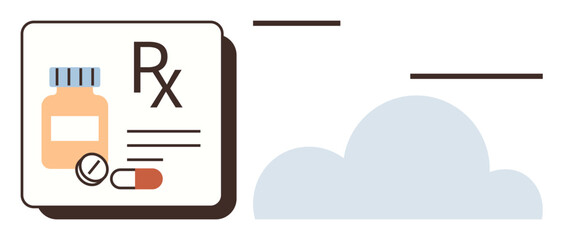 Medicine bottle, pill, capsule with Rx label design next to cloud graphic. Ideal for pharmacy, healthcare, prescription services, telemedicine, digital health, e-prescriptions awareness campaigns