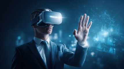 Businessman interacts with holographic data using virtual reality headset.