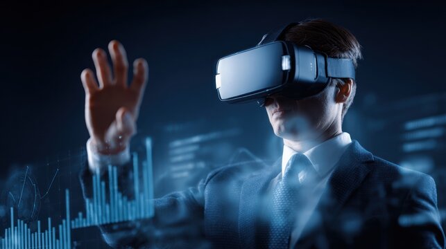 Businessman interacting with virtual reality data display using headset.