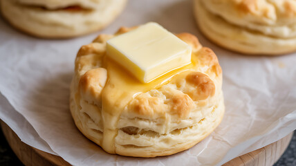A freshly baked biscuit topped with a melting pat of butter, placed on parchment paper.