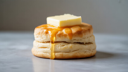 Stack of golden-brown biscuits topped with melting butter and honey drizzle