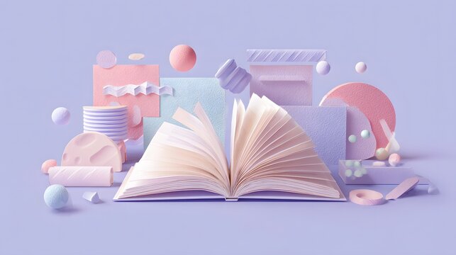 Open book surrounded by pastel geometric shapes and abstract decorative elements - Powered by Adobe