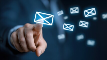 Finger touching glowing digital email icon against dark background.