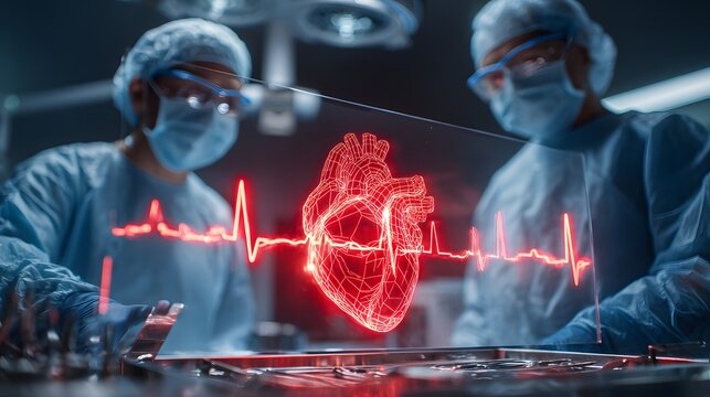 Medical professionals observe holographic human heart diagram with active electrocardiogram data during a procedure
