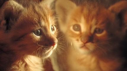profile of an orange tabby kitten illuminated by warm, soft light beside its reflection