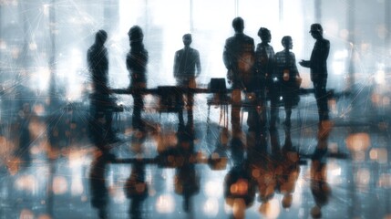 Silhouettes of business people overlaid with digital network graphics.