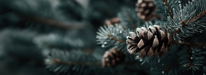 Frosted pinecone on a fir branch with icy needles and soft winter lighting.