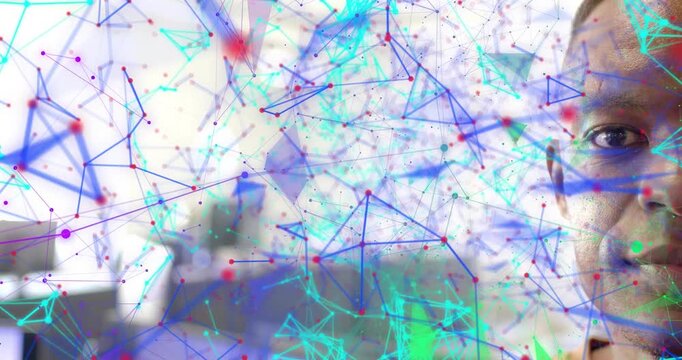 Office worker staying steady while teal node network drifting, revealing smiling face for tech demo