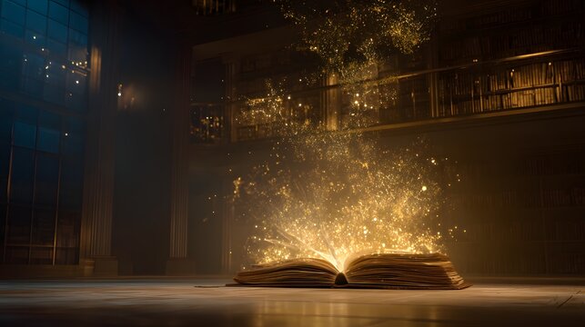 Glowing mystical energy erupts from an ancient open book resting on a wooden floor within a grand, dimly lit hall