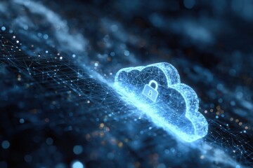 Glowing digital cloud icon with padlock over dark network background