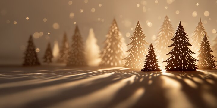 Warm-toned paper-cut Christmas trees casting long shadows in a glowing, magical forest scene.
