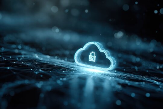 Glowing digital cloud icon with padlock over abstract network background - Powered by Adobe
