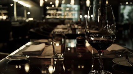A close-up of a glass of red wine on a polished table, with the blurred, moody, and upscale interior of a fine dining restaurant in the background
