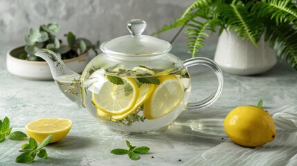 A glass teapot brewing hot herbal tea with lemon slices, mint leaves, and thyme, set on a textured surface with fresh lemons and green plants nearby