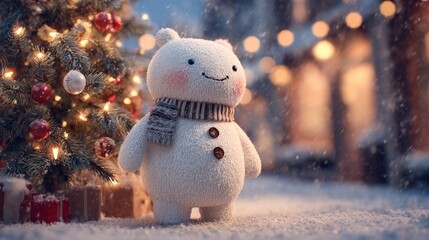 Obraz premium Adorable snowman decoration wearing a knitted hat and scarf, set against a warm, glowing Christmas tree background with soft snowfall. Cozy, festive, and perfect for holiday cards, social media posts,