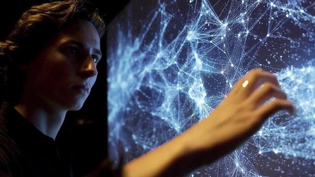 Medium shot of a person engaging with a touchsensitive display to manipulate and explore multidimensional big data visualizations for decisionmaking.