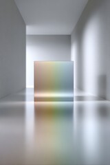Geometric minimalist space with rainbow gradient glass cube on reflective metallic surface