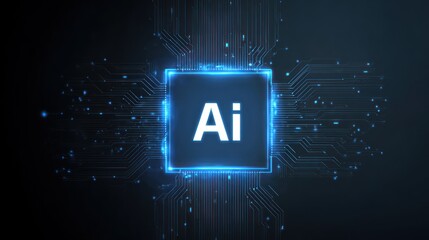 Glowing ai text on dark background with blue circuit board lines