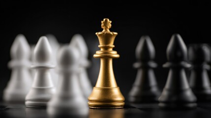 Golden chess king stands focused against blurred white and black pieces.