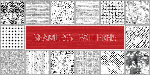 Set of seamless patterns, rough vector background, grunge texture, black and white