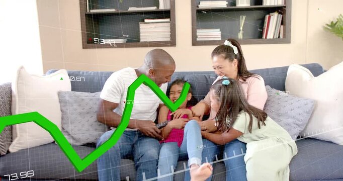 Dad holding phone, parents reaching and tickling center girl for parenting, green graph overlaying