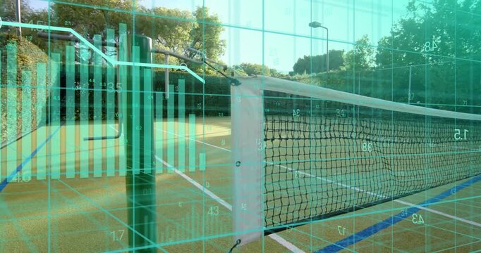 On data start, tennis net and post staying static, turquoise overlay animating to visualize metrics