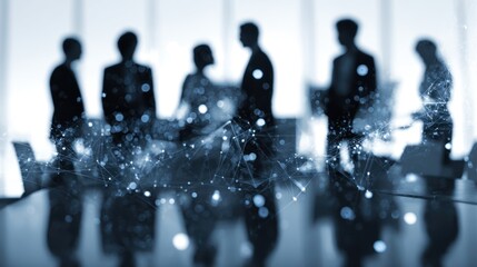 Silhouettes of business people with digital network overlay in blue tones.