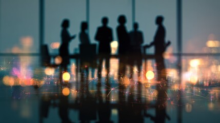 Silhouetted business people meeting against a blurred city lights background.