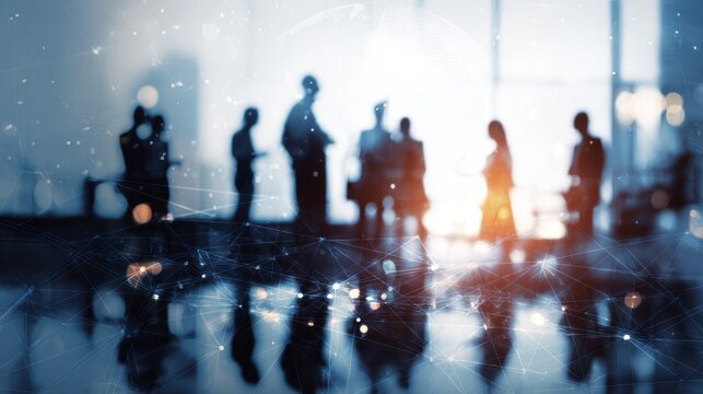 Silhouetted business people with digital network overlay and bright background
