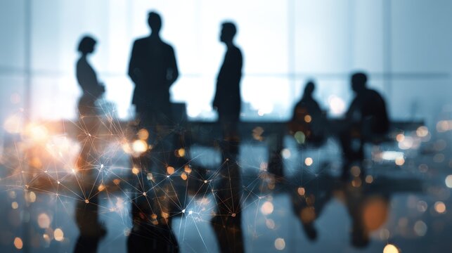 Silhouettes of business people overlaid with digital network graphic.
