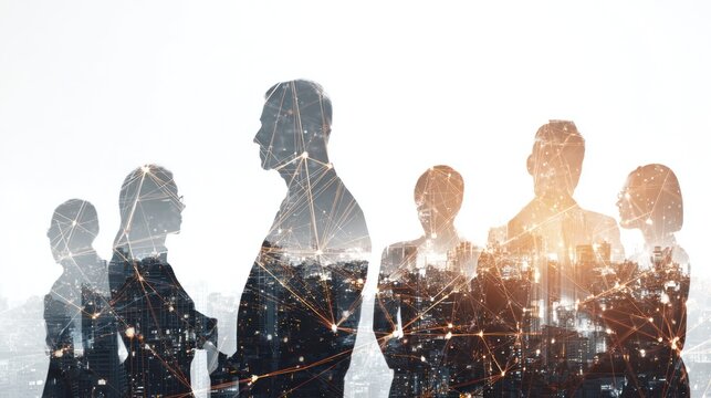 Business team silhouettes double exposed with illuminated city network concept