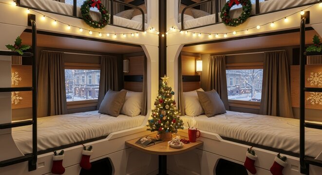 Cozy Christmas Train Cabin Bunk Beds Winter Travel.