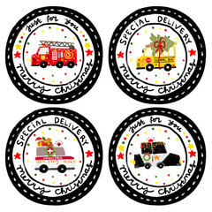 Set cute christmas xmas Rounded sticker stamp delivery package gift label tag with community cars vehicle transportation in kids doodle hand drawn watercolor crayon illustration clipart png