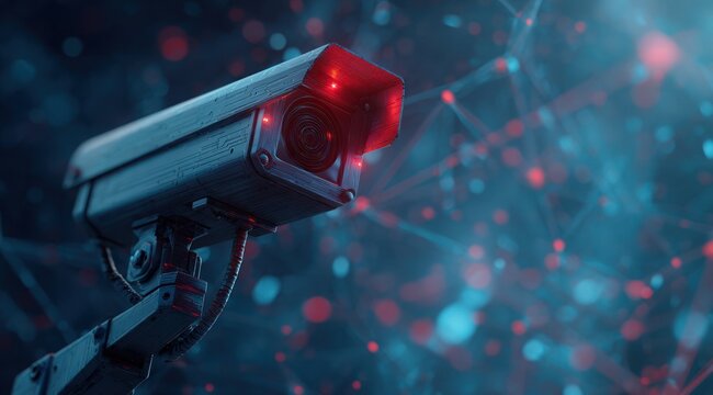 Security camera monitors dark digital space with red and blue lights. - Powered by Adobe