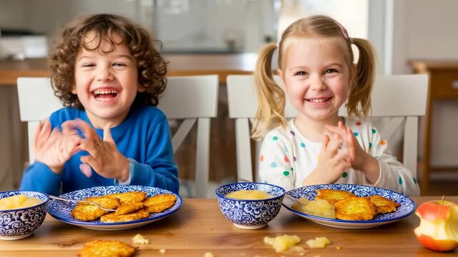 Happy little boy and girl smiling at table with latkes and applesauce for Hanukkah celebration.