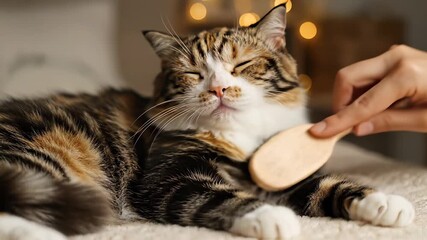 Calico Cat Grooming Session Unfolds with Gentle Brushstrokes, Smooth Fur, and Plush Blanket Comfort, Perfect for Wellness or Lifestyle Content Use Cases.